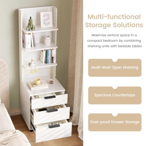 Tall Nightstand with Drawers & Open Shelves, 51.18" Bedside Storage Cabinet, Modern Free-Standing Bedroom End Table with Bookcase, Space-Saving, Easy Assembly, White
