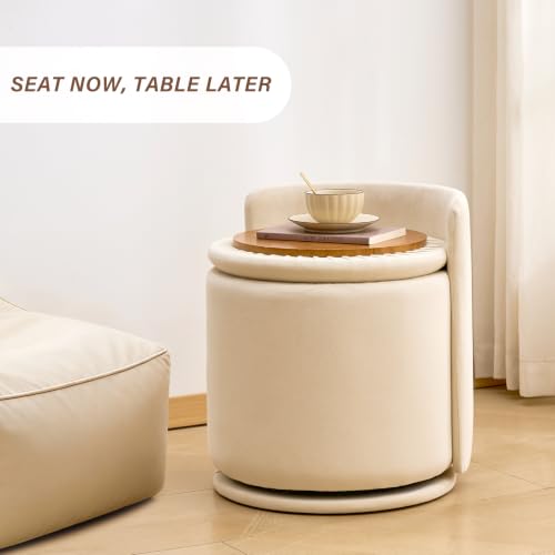 360° Swivel Makeup Chair with Storage, Upholstered Accent Stool with Back, Round Vanity Stool Ottoman for Living Room, Makeup Room, Bedroom (Cream) - color: Cream