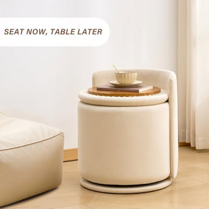 360° Swivel Makeup Chair with Storage, Upholstered Accent Stool with Back, Round Vanity Stool Ottoman for Living Room, Makeup Room, Bedroom (Cream) - color: Cream