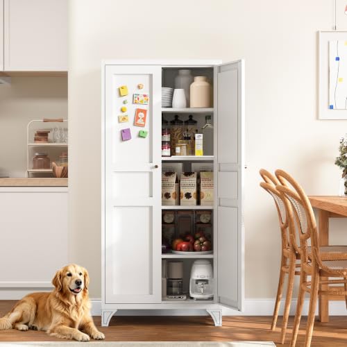 Metal Storage Cabinet with 2 Doors and 4 Adjustable Shelves - 61" White Kitchen Pantry Storage 5-Tier Tall Steel Cabinets Locker for Kitchen, Living Room, Dining Room - color: White, size: 61"- 4 Adjustable Shelves