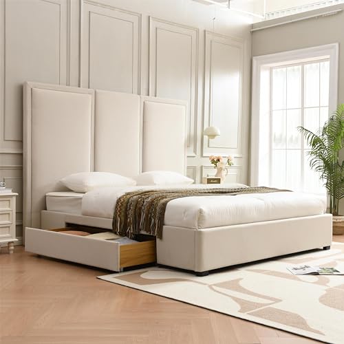 YUHUASHI King Size Bed Frame with 64-inch High Headboard, Simple and Airy Linen Upholstered Platform Bed with Storage Drawers, Wood Slat, No Noise (Beige, King) - color: Beige, size: King(Storage Drawer)