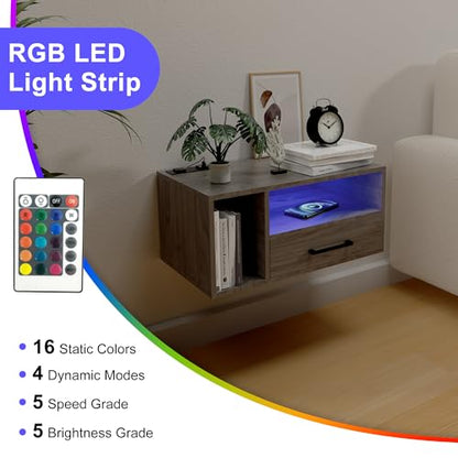 Floating Nightstand with Lights, Grayish Brown | Floating Bedside Table with Drawers Wall Mounted Nightstands,for Bedroom Room, 21.3" x 11.8" x 10" - color: Grayish Brown