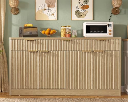 usikey 55" W Large Buffet Cabinet with Storage & Drawers, Sideboard Cabinet with 2 Adjustable Shelves & 4 Doors, Coffee Bar Station, Kitchen Storage Cabinets, Natural