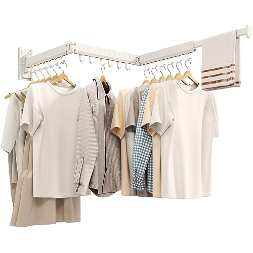 Wall Mounted Tri-Fold Clothes Drying Rack, Heavy Duty Collapsible Laundry Drying Rack, Space-Saving Retractable Foldable Drying Rack Clothes for Laundry Room Balcony Bathroom,White-Hooks - style: White-Hooks