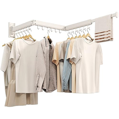 Wall Mounted Tri-Fold Clothes Drying Rack, Heavy Duty Collapsible Laundry Drying Rack, Space-Saving Retractable Foldable Drying Rack Clothes for Laundry Room Balcony Bathroom,White-Hooks - style: White-Hooks