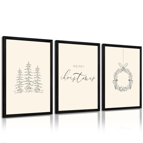 Christmas Wall Art Winter Xmas Canvas Decor Christmas Tree Picture Merry Christmas Wall Art Minimalist Vintage Painting Beige Farmhouse Prints Holiday Poster for Bathroom 12x16x3 Inch Framed - color: Christmas Prints, size: 12x16 Inch Wood Framed
