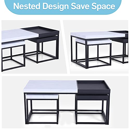 MAISON ARTS Nesting Coffee Table Set of 3, Marble White and Black | Rectangle Center Table, Morden Living Room Coffee Table and End Table Sets for Home Indoor Use - color: Marble White&black