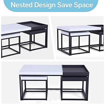 MAISON ARTS Nesting Coffee Table Set of 3, Marble White and Black | Rectangle Center Table, Morden Living Room Coffee Table and End Table Sets for Home Indoor Use - color: Marble White&black