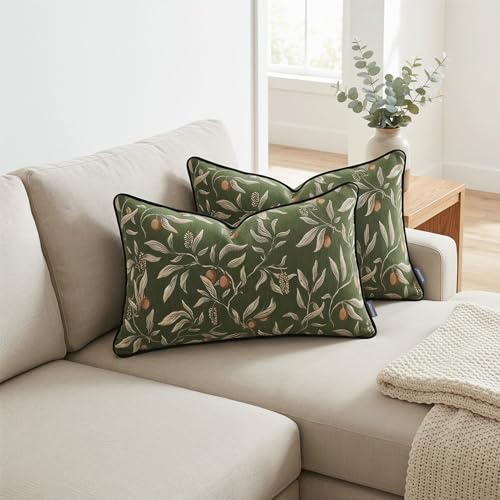 Green Floral Pillow Covers 12x20 Inch Set of 2, Cotton Vintage Plant Throw Pillows Decorative Covers Lumbar Farmhouse Accent Neutral Covers for Couch Sofa Bed Living Room - color: Green, size: 20" x 12" (Pack of 2)