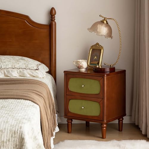 100% Solid Wood Nightstand, Wooden Nightstands with 2 Drawers, Mid Century Modern Nightstand, Small Bedside Table for Bedroom (Green Velvet Drawer, Teak Finish) - color: Teak-1