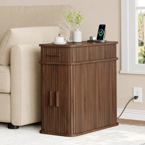 Fluted End Table with Charging Station, Narrow Side Table with Drawers, Wood Skinny Nightstand with Storage, Mid-Century Modern Bedside Tables for Small Space Living Room Bedroom Sofa Couch - color: Walnut