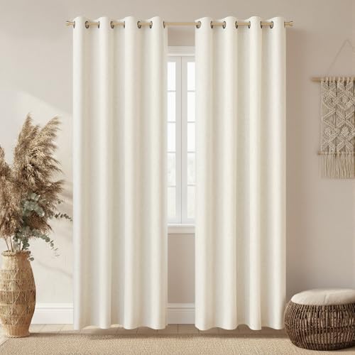 100% Blackout Linen Textured Curtains for Bedroom Thermal Insulated Full Light Blocking Room Darkening Bronze Grommet Window Drapes for Living Room Nursery 52 x 84 Natural (2 Panels) - color: Natural, size: 52"W x 84"L (Pack of 2)