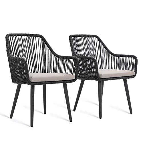 2 PCS Outdoor Dining Chairs, Rattan Patio Chairs with Armrest, Black | All-Weather Woven Rattan & Iron Frame, w/Seat Cushions,350lb Weight Capacity, for Backyard, Poolside, Balcony, Indoor Kitchen - color: Black, size: 2 Pcs-Dining Chairs