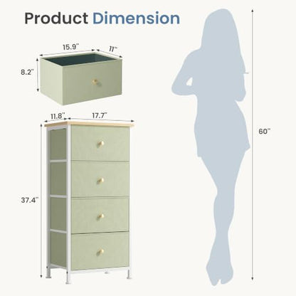 DUMOS Nightstand, Bedside Table with 4 Fabric Drawers | Night Stand with Removable Bins, Steel Frame Wood Top, Small Dresser for Bedroom Closet, Living Room, Light Green - color: Light Green, size: 11.8"D x 17.7"W x 37.4"H (4 Drawers)