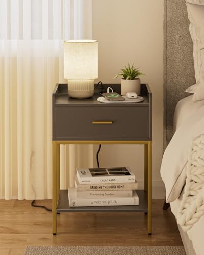 Masupu Nightstand with Charging Station,3-Tier Modern Bedside Night Stand with Storage Drawer and Shelf,Small End Side Table for Bedroom,Living Room,Grey - color: Outlet-grey