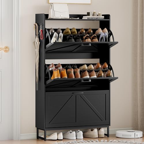 Shoe Cabinet Storage for Entryway, Shoe Storage Cabinet with 3 Flip Drawers, Freestanding Narrow Shoe Rack Organizer with Metal Legs & Side Hook for Foyer, Hallway, Black - color: Black, style: 3 Drawers