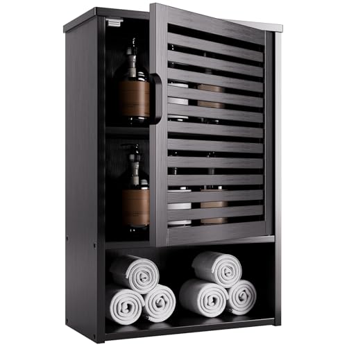 HITNET Bathroom Storage Cabinet Wall Mounted, Hanging Medicine Cabinet with Adjustable Shelf, Over the Toilet Space Saver Organizer, Black Bamboo Kitchen Cupboard, Single Door - color: Black
