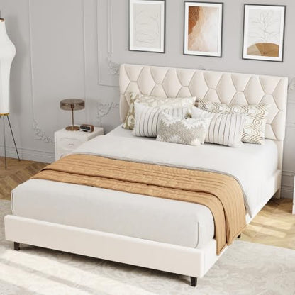 GAOMON Beige Queen Bed Frame with Upholstered Headboard, Heavy-Duty Platform Bed Frame with Strong Wood Slats, No Box Spring Needed/Noise Free/Easy Assembly | Heavy-Duty Bed Frame with Wooden Slats Support Upholstered Mattress Foundation No Box Spring Nee