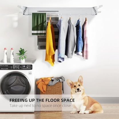 Laundry Drying Rack, Collapsible Wall Mounted Clothes Drying Rack - Foldable,Space Saving, 13.2 Linear Ft, 5 Aluminum Rods, 60 lb Capacity (White, 40" Wide) - size: 40"