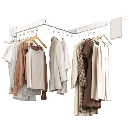 Wall Mounted Collapsible Clothes Drying Rack, Space-Saving Laundry Drying Rack Clothing Hanger, Durable Foldable Design Extends Left, Right & Up for Upgraded Versatility - style: Upgrde-White Hooks