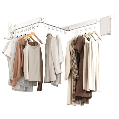 Wall Mounted Collapsible Clothes Drying Rack, Space-Saving Laundry Drying Rack Clothing Hanger, Durable Foldable Design Extends Left, Right & Up for Upgraded Versatility - style: Upgrde-White Hooks