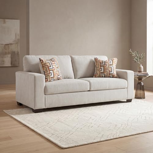 Signature Design by Ashley 85 in Chenille 3 Seater Track Arm Sofa, Stone | Polyester chenille upholstery, Wood and engineered wood frame, Sag-resistant platform foundation, Living room use, Aviemore - color: Stone, style: Sofa