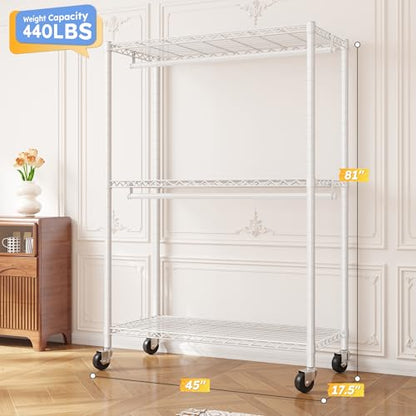 Raybee Heavy Duty Clothes Rack, 45" W Clothing Racks for Hanging Clothes, Clothing Rack with Wheels and Adjustable Feet, Max Load 440LBS, White - color: White