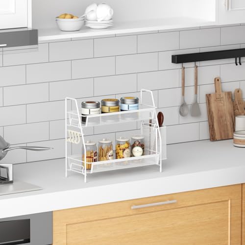 VITVITI 2 Tier Bathroom Countertop Organizer, Vanity Storage Shelf, White | Bathroom Counter Organizer, Vanity Makeup Tray Shelf, Kitchen Spice Rack, Metal Wire Mesh, with Basket Hooks - color: 2 Tier Large White