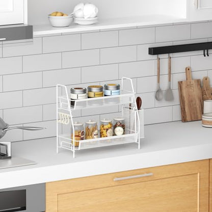 VITVITI 2 Tier Bathroom Countertop Organizer, Vanity Storage Shelf, White | Bathroom Counter Organizer, Vanity Makeup Tray Shelf, Kitchen Spice Rack, Metal Wire Mesh, with Basket Hooks - color: 2 Tier Large White