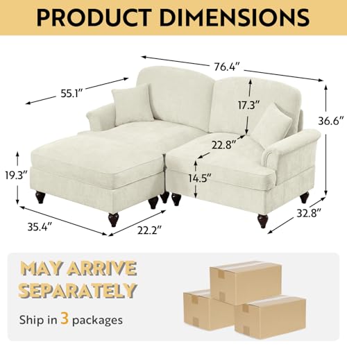 Loveseat Sofa Couch, 2 Seat Comfy Chenille Sofa with Removable Ruffled Skirt, Flared Armrests, Sturdy Legs, Convertible Sectional for Living Room, Bedroom, Apartment (Beige) - color: Beige, size: 76.4 Inch L