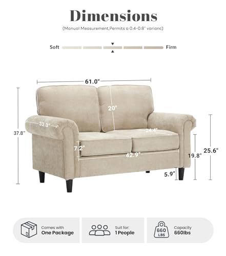 Loveseat 2 Seater Couch, Mid Century Modern Chenille Sofa with Rolled Arms and Deep Seats, Fluffy Comfort for Living Room, Apartment, Easy Assembly, Khaki - color: Khaki, size: Chenille Loveseat