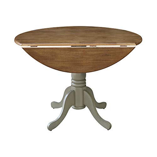 IC International Concepts, 42" Round Dual Drop Leaf Pedestal Dining Table, Solid Real Wood, Sturdy Parawood, Distressed Hickory/Stone - color: Distressed Hickory/Stone