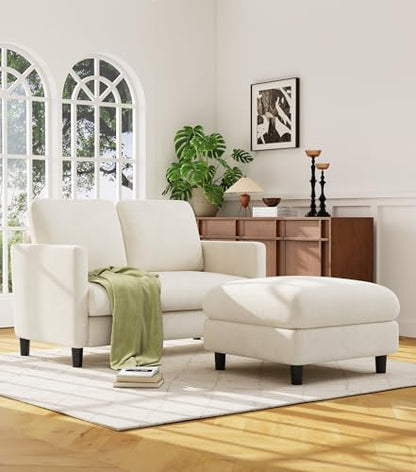 Welzona Loveseat Sofa with Ottoman, 51" Small L Shaped Teddy Couch Sofa | Comfy Teddy Fabric, Tool-free Setup, Washable Covers, All-wood Couch Sets for Living Room, Bedroom, Small Spaces, Beige - color: Beige, size: loveseat & ottoman