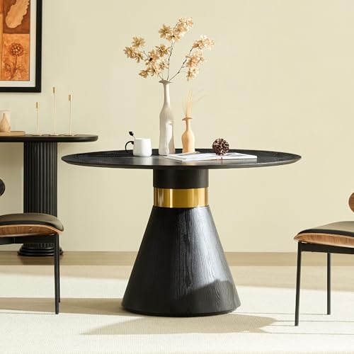 Round Dining Table for 6 People, 47.24 Inches Dining Room Table, Modern Wood Round Kitchen Tables Black Pedestal Base with Gold Trim Ring for Dining Room, Kitchen, Living Room - color: 47.24 Inch Black With Gold Trim
