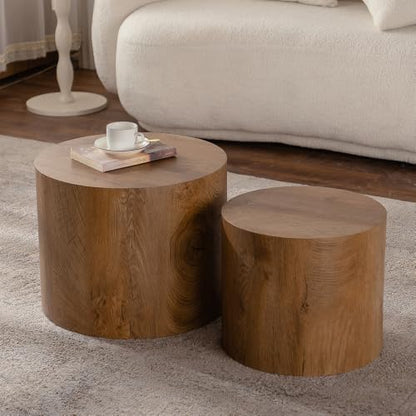 Round Nesting Coffee Table Set of 2 Living Room, No Assembly | Modern Wooden Center Tables, Tea Table for Apartment, Small Circle Accent End Table Set, Brown Wood - color: A-brown Wood