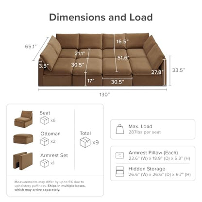 mopio Oversized Modular Sectional Sofa with Fully Removable Covers and Storage, Convertible U, L-Shaped and Sleeper Sectional, Modern Couches with Ottoman Chaise (Hazelnut Velvet, 8 Seats, Sleeper) - color: [Gen 2] Hazelnut Velvet, size: 8 Seats, Sleeper