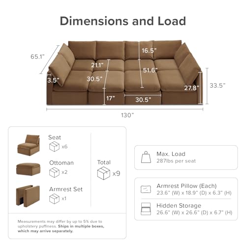 mopio Oversized Modular Sectional Sofa with Fully Removable Covers and Storage, Convertible U, L-Shaped and Sleeper Sectional, Modern Couches with Ottoman Chaise (Hazelnut Velvet, 8 Seats, Sleeper) - color: [Gen 2] Hazelnut Velvet, size: 8 Seats, Sleeper