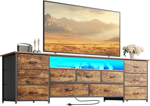 Huuger 70 Inch TV Stand for 75, 80 Inch TV, 11 Drawer Long Dresser with Power Outlets and LED Lights, Entertainment Center with Storage, Rustic Brown Dresser with Printed Surface - color: Rustic Brown, size: 13"D x 70.9"W x 26.8"H