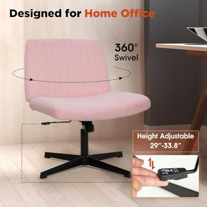 Criss Cross Chair, Armless Cross Legged Office Chair, Comfortable Vanity Chair with Back, Fabric Adjustable Wide Swivel Criss Cross Desk Chair for Home Office, Pink - color: Pink