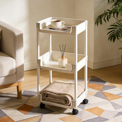 3-Tier Rolling Storage Cart, White Plastic, Slim Organizer for Kitchen, Bathroom, and Office, 11 x 7.5 x 44 Inches