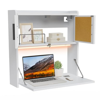 ARTETHYS Wall Mounted Desk Folding with Light Drop Down Hanging Desk | Multifunctional Fold Down Laptop Computer Table, Writing Workstation with Storage Compartments, Space Saving for Home - color: White