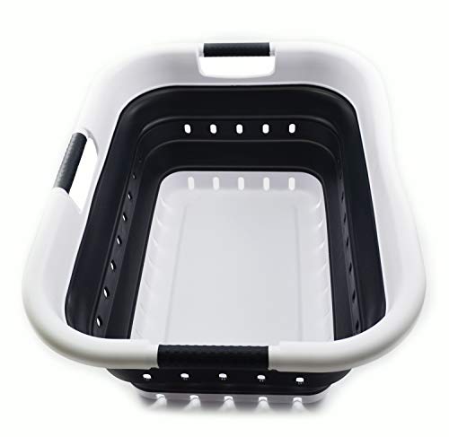 SAMMART 41L Collapsible 3 Handled Plastic Laundry Basket - Foldable Pop Up Storage Container/Organizer - Portable Basket - Space Saving Hamper/Basket (3 handled rectangular, White/Black) - color: White/Black