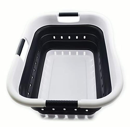 SAMMART 41L Collapsible 3 Handled Plastic Laundry Basket - Foldable Pop Up Storage Container/Organizer - Portable Basket - Space Saving Hamper/Basket (3 handled rectangular, White/Black) - color: White/Black