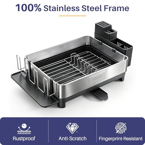 SNTD 304 Stainless Steel Dish Drying Rack for Small Kitchen Counter, Black | Rustproof, Large Capacity, Heavy-Duty Frame, Rotating Spout, Angled Drainboard, Removable Cup & Utensil Holder - color: Black