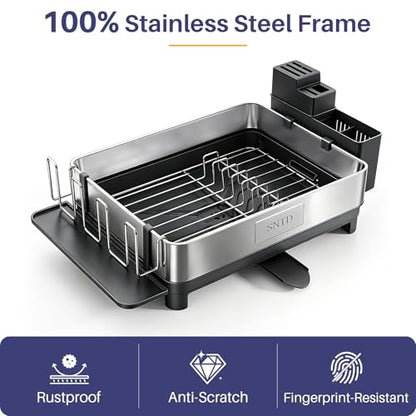SNTD 304 Stainless Steel Dish Drying Rack for Small Kitchen Counter, Black | Rustproof, Large Capacity, Heavy-Duty Frame, Rotating Spout, Angled Drainboard, Removable Cup & Utensil Holder - color: Black