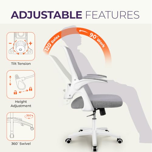 NEO CHAIR Office Desk Chair, Ergonomic Mesh with Flip-Up Armrests, Grey | Lumbar Support, Height Adjustment, 360° Swivel and Rolling Base, Space-Saving Design for Home Office, Vanity or Study - color: Grey