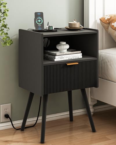 Black Nightstand with Outlet,Modern Bedside Table with Storage Drawer and Open Wood Shelf, for Living Room, Bedroom and Small Spaces, Accent Night Stand with Solid Wood Legs, Easy Assembly - color: Black-outlet