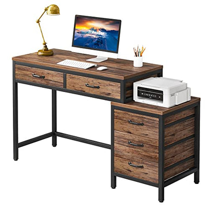 Tribesigns Computer Desk with 5 Drawers, Reversible Home Office Desks | Small Desk with Drawer Cabinet Printer Stand, PC Desk with Storage, Rustic Study Writing Table Workstation for Small Spaces - color: Rustic Brown