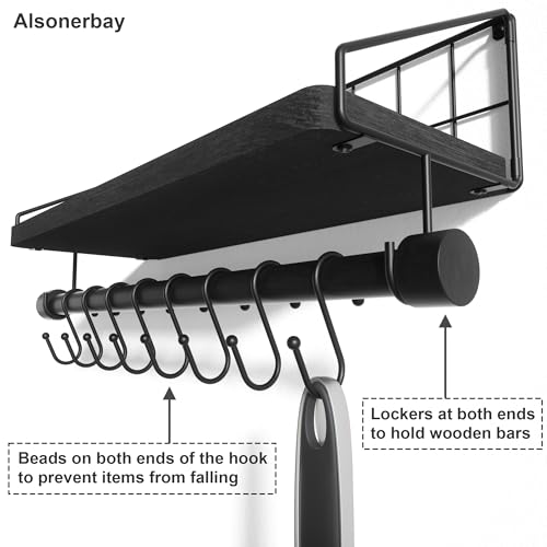 Alsonerbay Floating Shelf for Wall with Wooden Towel Bar, Black | 8 removable hooks, rustic finish, space-saving, holds utensils & mugs, easy installation, kitchen & bathroom use - color: Black