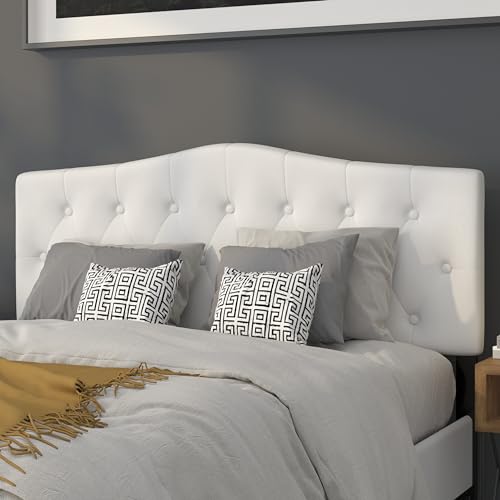 Arched Button Tufted Upholstered Queen Size Headboard in White Fabric - color: White, size: Queen